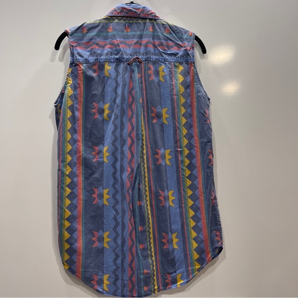 AtLast Basics Womens Blouse Sz‎ M 1992 boue aztec Button Down sleevless 90’s. - Picture 6 of 10